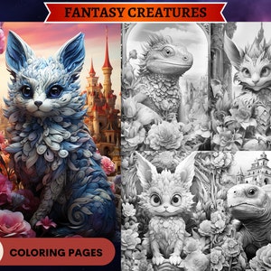 36 Creature fantasy con fiori da colorare in scala di grigi / Pagine da colorare per adulti stampabili / Scarica l'illustrazione in scala di grigi / PDF