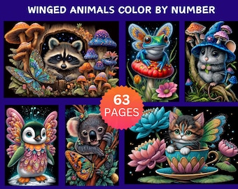 May include: A digital illustration of a "Winged Animals Color By Number" book cover. The cover features six panels with whimsical creatures like a raccoon, frog, penguin, koala, mouse, and kitten, each with fairy wings. The book has 63 pages.