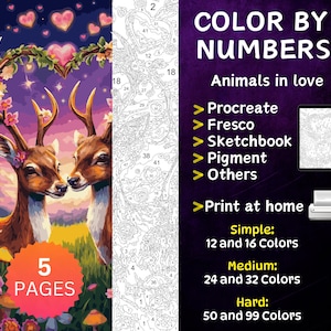 5 Color by Number Pages, Digital Coloring Pages, Paint by Numbers Bundle, Procreate Coloring Book, Adults Coloring Book, Animals in love