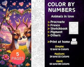 5 Color by Number Pages, Digital Coloring Pages, Paint by Numbers Bundle, Procreate Coloring Book, Adults Coloring Book, Animals in love