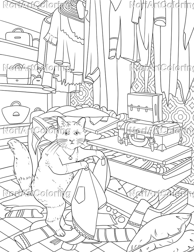 Puede incluir: Un dibujo en blanco y negro de un gato en una habitaci&oacute;n desordenada. El gato est&aacute; de pie sobre sus patas traseras y sostiene una prenda de vestir. Hay maletas, ropa y otros objetos esparcidos por la habitaci&oacute;n.