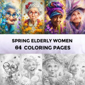 64 Spring Elderly Women Grayscale Coloring Pages | Watercolor old happy women | Download Grayscale | Flowers | Botanical Portraits PDF