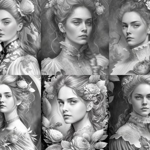 20 Beautiful Victorian Women with Roses Set 3 Coloring Pages | Printable Adult Coloring Pages | Download Grayscale Illustration