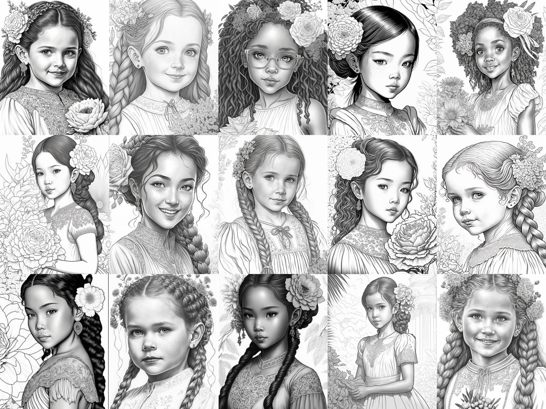 15 Grayscale Beautiful Little Girls With Flowers Coloring Pages