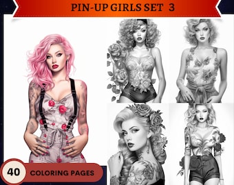 40 pin-ups (et quelques hommes) 3 pages à colorier en niveaux de gris | Mode Filles Années 40 50 | Coloriages pour adultes à imprimer | PDF imprimable