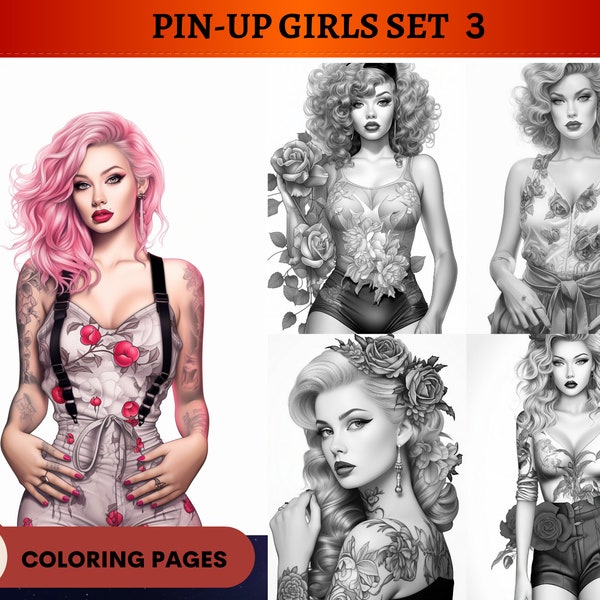 40 Pin-up Girls (and a few men) Grayscale Coloring Pages Set 3 | '40s '50's Fashion Girls | Printable Adult Coloring Pages | Printable PDF