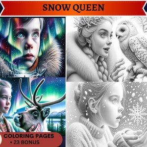 May include: A coloring book with 37 coloring pages and 23 bonus pages. The cover features a black and white illustration of a young girl with a crown of thorns on her head, looking at a white owl. The title "SNOW QUEEN" is written in red letters at the top of the cover.