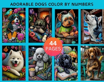 44 Adorable Dogs Color by Number Pages, Digital Coloring Book PDF JPG, Paint by Numbers Bundle, Procreate Friendly