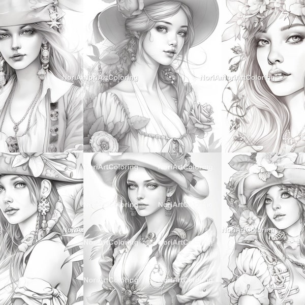 20 Elegant Pirate Women Set 6  | Printable Adult Coloring Pages | Download Grayscale Illustration