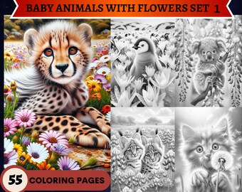 55 Baby Animals with Flowers Set 1 Grayscale Coloring Pages | Printable Adult Kids Coloring Pages | Download Grayscale | Cute Animals