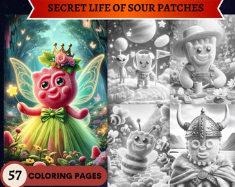 57 Secret Life of Sour Patches Grayscale Coloring Pages  | Printable Adult Coloring Pages | Download Grayscale | Instant PDF