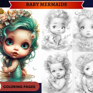 30 Cute Baby Mermaids Coloring Pages | Printable Adult Coloring Pages | Download Grayscale Illustration| Fairy Coloring Pages|Fantasy