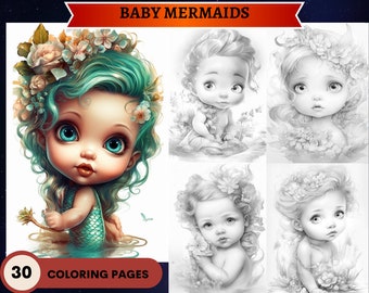 30 Cute Baby Mermaids Coloring Pages | Printable Adult Coloring Pages | Download Grayscale Illustration| Fairy Coloring Pages|Fantasy