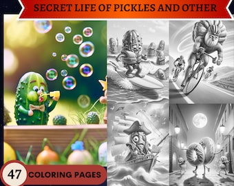 47 Secret Life of Pickles, Socks, Doughnuts, Veggies Grayscale Coloring Pages  | Printable Adult Coloring Pages | Download Instant PDF