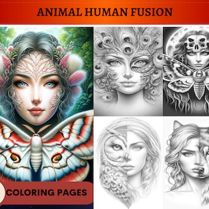 48 Animal Human Fusion Grayscale Coloring Pages | Printable Adult Coloring Pages | Download Grayscale | Fantasy | Insects Nature