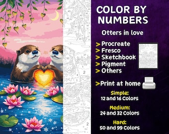 Color by Number, Digital Coloring Pages, Paint by Numbers, Procreate Coloring Book, Adults Coloring Book, Otters in love Coloring by Number