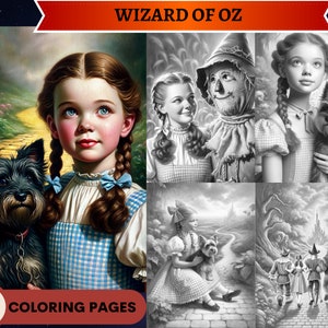 50 pages à colorier en niveaux de gris du magicien d'Oz | Coloriages à imprimer pour enfants adultes | Télécharger en niveaux de gris | Dorothy Toto Tinman Lion