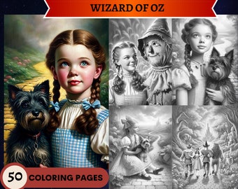 50 Wizard of Oz Grayscale Coloring Pages | Printable Adult Kids Coloring Pages | Download Grayscale | Dorothy Toto Tinman Lion