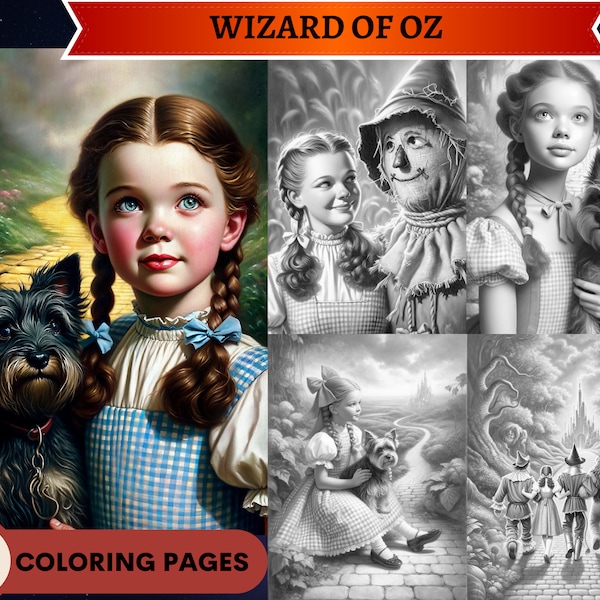 50 Wizard of Oz Grayscale Coloring Pages | Printable Adult Kids Coloring Pages | Download Grayscale | Dorothy Toto Tinman Lion