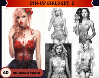 40 pin-ups (et quelques hommes) pages à colorier en niveaux de gris, lot 2 | Mode Filles Années 40 50 | Coloriages pour adultes à imprimer | PDF imprimable