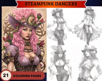 Bailarines Steampunk / 21 Páginas / Páginas para colorear para adultos imprimibles / Descargar ilustración en escala de grises / Archivo PDF imprimible