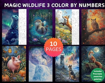 10 Color by Number Pages, Digital Coloring Pages, Paint by Numbers Bundle, Procreate Adults Coloring Book, Magic Wildlife Set 3