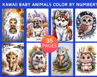 May include: A set of 35 coloring pages featuring cute baby animals. The animals include a bee, a French bulldog, a husky, an owl, a lion, a hedgehog, an armadillo, and a hamster. Each animal is drawn in a kawaii style with large eyes and a friendly expression. The pages are perfect for kids who love to color and are looking for a fun and creative activity.