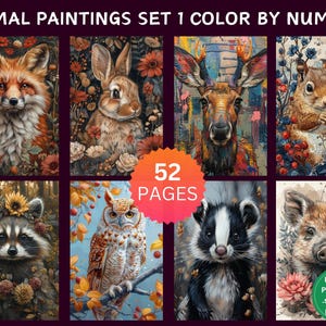 52 Animal Paintings Set 1 Color by Number Pages, Digital Coloring Pages, Paint by Numbers Bundle, Procreate Adults Coloring Book, Wildlife