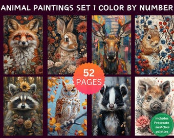 52 Animal Paintings Set 1 Color by Number Pages, Digital Coloring Pages, Paint by Numbers Bundle, Procreate Adults Coloring Book, Wildlife