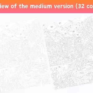 Peut inclure: Deux toiles de peinture par num&eacute;ros sont pr&eacute;sent&eacute;es, l'une vierge et l'autre partiellement remplie. L'image montre un paysage avec des montagnes, des arbres et une rivi&egrave;re. Le texte en haut indique "Preview of the medium version (32 couleurs)".
