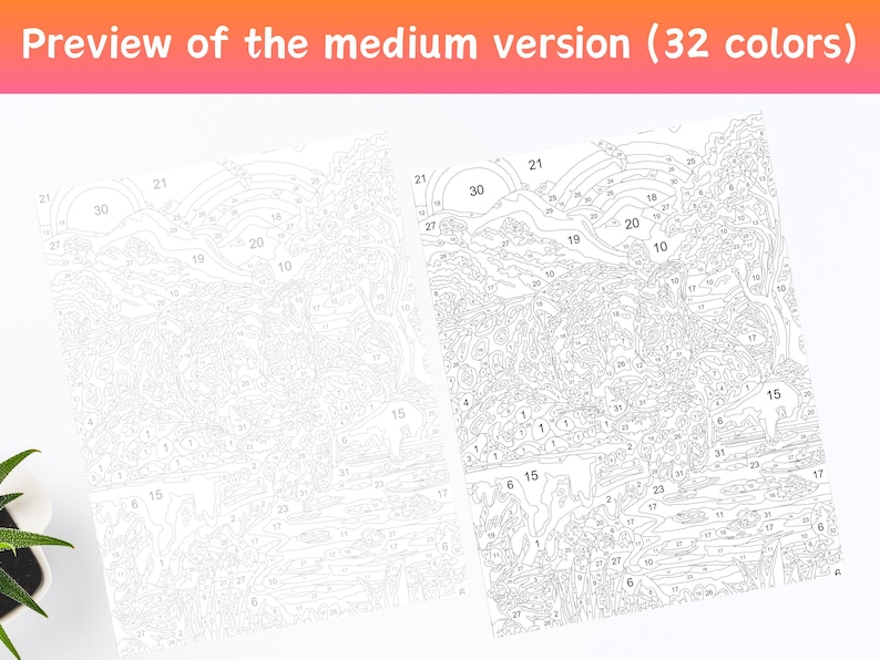 Peut inclure: Deux toiles de peinture par num&eacute;ros sont pr&eacute;sent&eacute;es, l'une vierge et l'autre partiellement remplie. L'image montre un paysage avec des montagnes, des arbres et une rivi&egrave;re. Le texte en haut indique "Preview of the medium version (32 couleurs)".