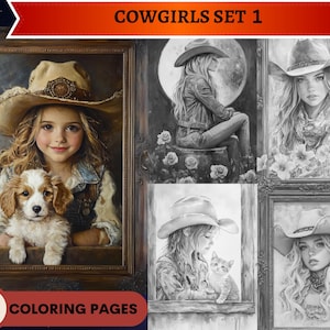 62 Cowgirls Set 1 Grayscale Coloring Pages Printable Adult Coloring Pages Download Grayscale Illustration Western Girls Women Coloring Set