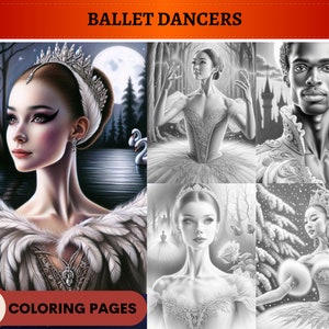 Può includere: Una collezione di 63 pagine da colorare con ballerini di danza classica. Le immagini mostrano ballerini in varie pose e ambientazioni, tra cui una scena a tema cigno e paesaggi invernali. Le opere d'arte sono dettagliate e adatte per la colorazione.
