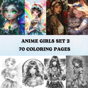 70 Anime Girls Set 2 Grayscale Coloring Pages | Fairies Alice Punk|  Coloring for Adults | Digital Printable Book