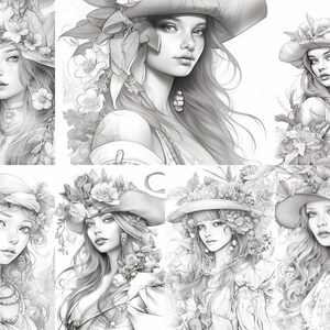 May include: Six black and white illustrations of women with floral headbands and hats. Each woman has long hair and is wearing a decorative top. The illustrations are in a vintage style.
