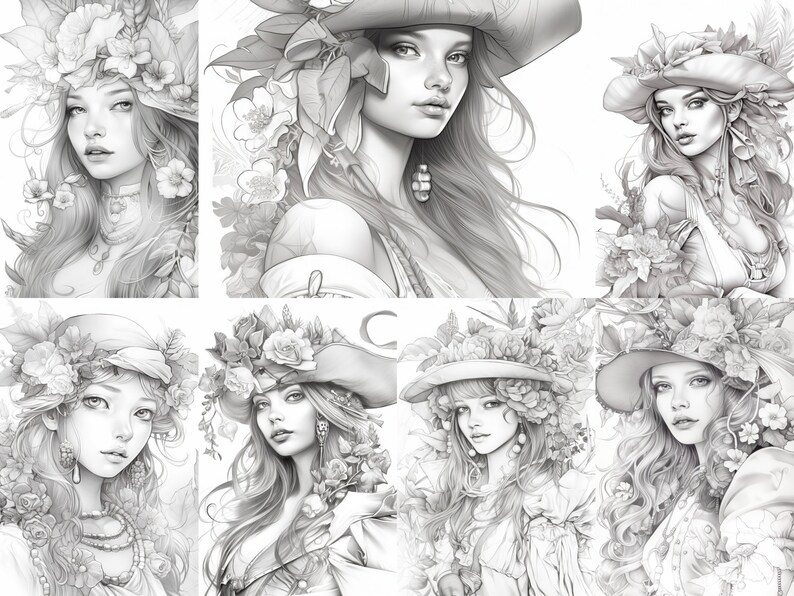 May include: Six black and white illustrations of women with floral headbands and hats. Each woman has long hair and is wearing a decorative top. The illustrations are in a vintage style.