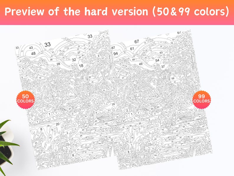 Peut inclure: Deux mod&egrave;les de paysages &agrave; peindre par num&eacute;ros sont pr&eacute;sent&eacute;s, l'un avec 50 couleurs et l'autre avec 99 couleurs. Les motifs sont d&eacute;taill&eacute;s avec des sections num&eacute;rot&eacute;es. Le texte "Preview of the hard version (50 & 99 colors)" est en haut.
