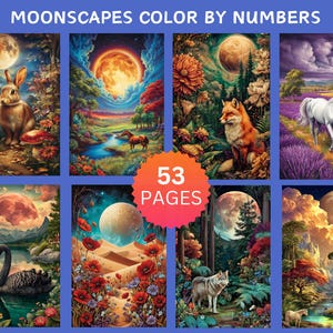 Può includere: Una collezione di otto illustrazioni di paesaggi fantasy colorati con lune, animali e fiori. Le immagini includono un coniglio, cavalli, una volpe, un cavallo bianco, un cigno, un lupo e un cervo. Il testo "MOONSCAPES COLOR BY NUMBERS" e "53 PAGES" sono visibili.