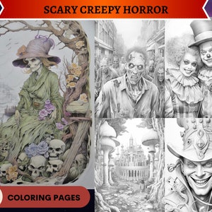 48 Scary Creepy Horror Coloring Pages | Bright and Dark versions | Printable Adult Coloring Pages | Download Grayscale Illustration