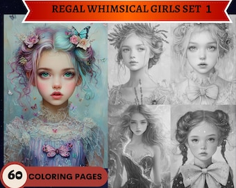 60 Regal Whimsical Girls Set 1 Grayscale Coloring Pages Printable Adult Coloring Pages Download Grayscale Illustration Fairies Fairy Women