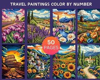 May include: A collection of colorful travel paintings, color by number, featuring various landscapes. The images include scenes of windmills, lavender fields, Italian cities, and sunflower fields. The text "50 PAGES" is displayed on a circular orange background.