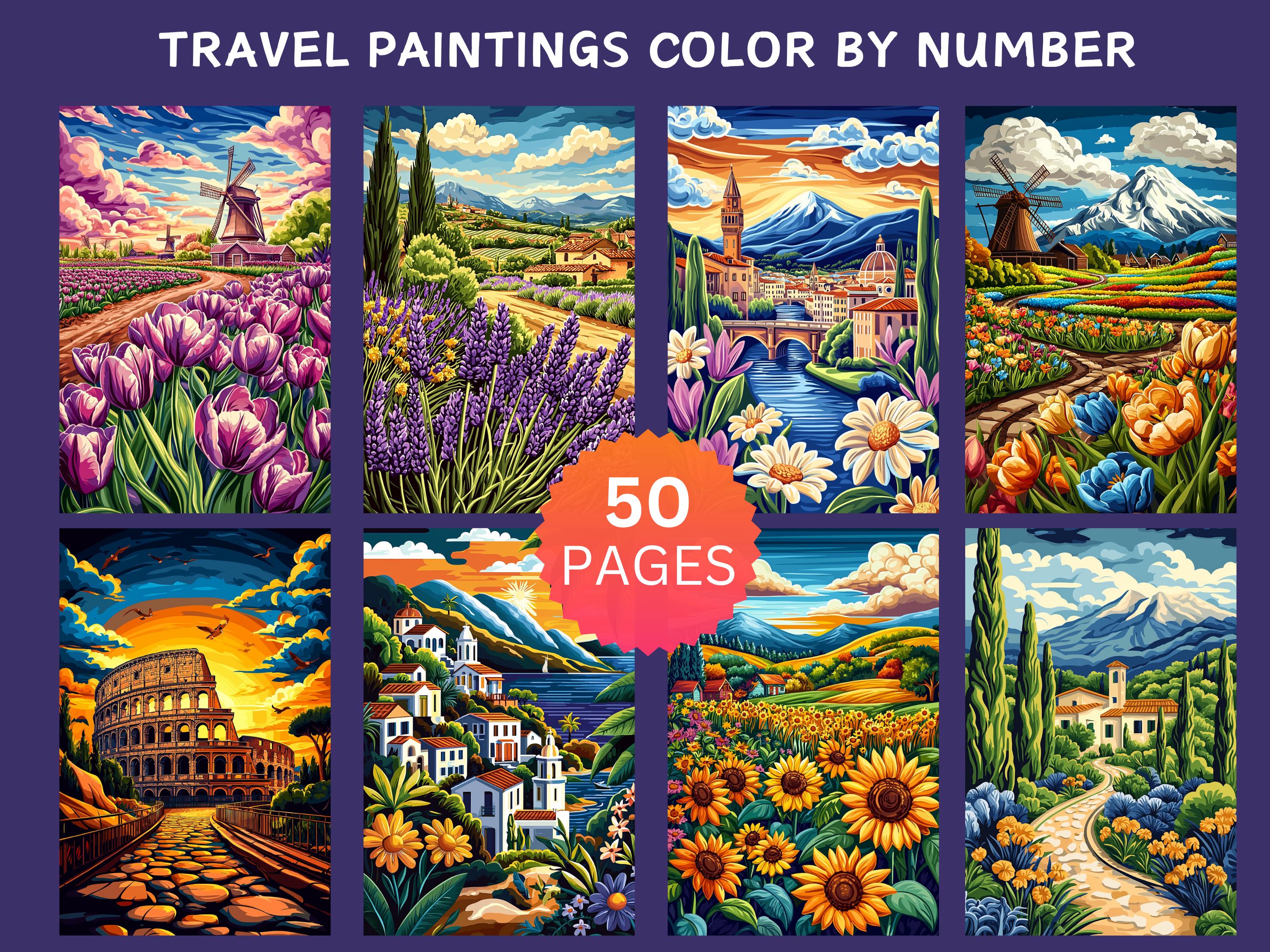 50 pinturas de viajes para colorear por números, páginas para colorear digitales, paquete de pintura por números, libro para colorear para adultos de Procreate, paisajes CBN