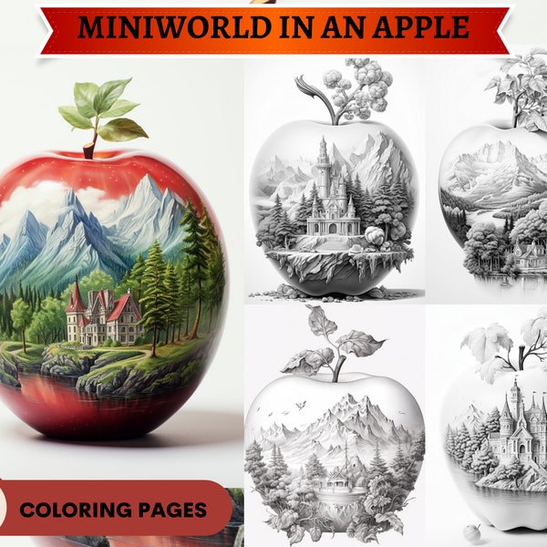 50 Miniworld in an Apple and other miniature worlds Grayscale Coloring Pages | Printable Adult Coloring Pages | Download Grayscale Pages
