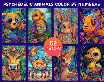 62 pages de coloriage par numéros sur le thème des animaux psychédéliques, coloriages numériques, ensemble de coloriages par numéros, livre de coloriage Procreate pour adultes, faune sauvage