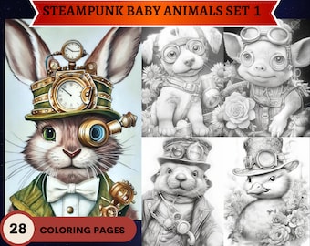 28 Steampunk Baby Animals Set 1 Páginas para colorear en escala de grises / Páginas para colorear para adultos imprimibles / Descargar ilustración en escala de grises