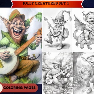 20 Jolly Creatures (Happy Elves, Gnomes and Babies riding dragons) Set 1 | Printable Adult Coloring Pages | Download Grayscale Illustration