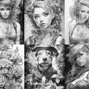May include: A set of nine black and white illustrations featuring a variety of subjects, including a woman with long hair, a dog wearing a hat, and a bouquet of flowers. The illustrations are in a realistic style and would be suitable for coloring.