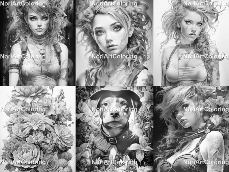 May include: A set of nine black and white illustrations featuring a variety of subjects, including a woman with long hair, a dog wearing a hat, and a bouquet of flowers. The illustrations are in a realistic style and would be suitable for coloring.