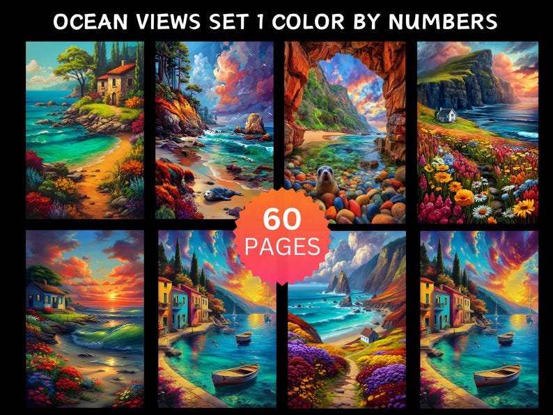 Ocean View Colours 60 Ocean Views Set 1 Color by Number Pages, Digital Coloring Pages ...