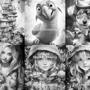 May include: A set of six black and white coloring pages featuring a variety of subjects, including a whimsical house, a parrot, a dog, and three portraits of women. Each page includes the text "NoriArtColoring" in the bottom corner.